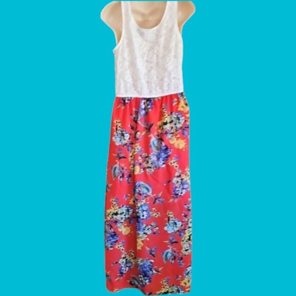 Speed Control Floral Red Maxi Skirt White lace top sleeveless - Picture 4 of 9